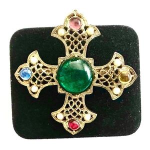 Royal Gem Jewelry Gold-Tone Cross Brooch w/ Multicolor Glass Stones & Faux Pearl